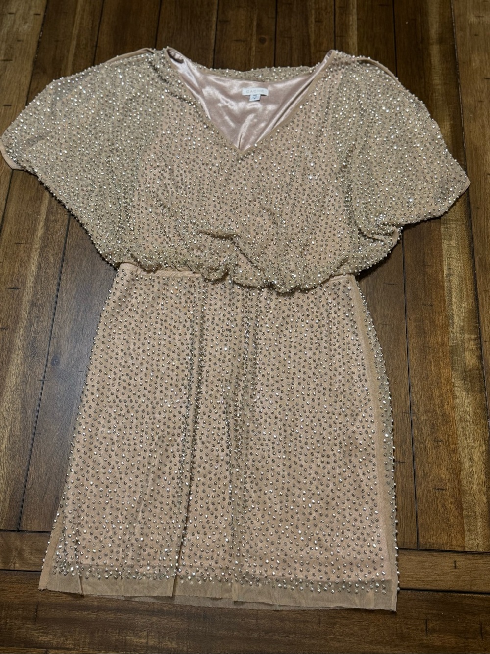 Cache women’s Embellished V-Neck Blouson Dress in Blush